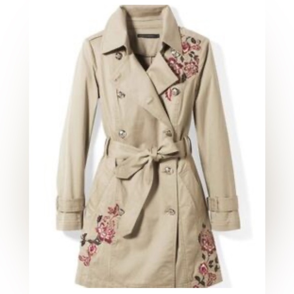 WHBM Toasted Hazelnut Colored Trench Coat w Magenta Embroidery, Women’s L - Picture 1 of 16